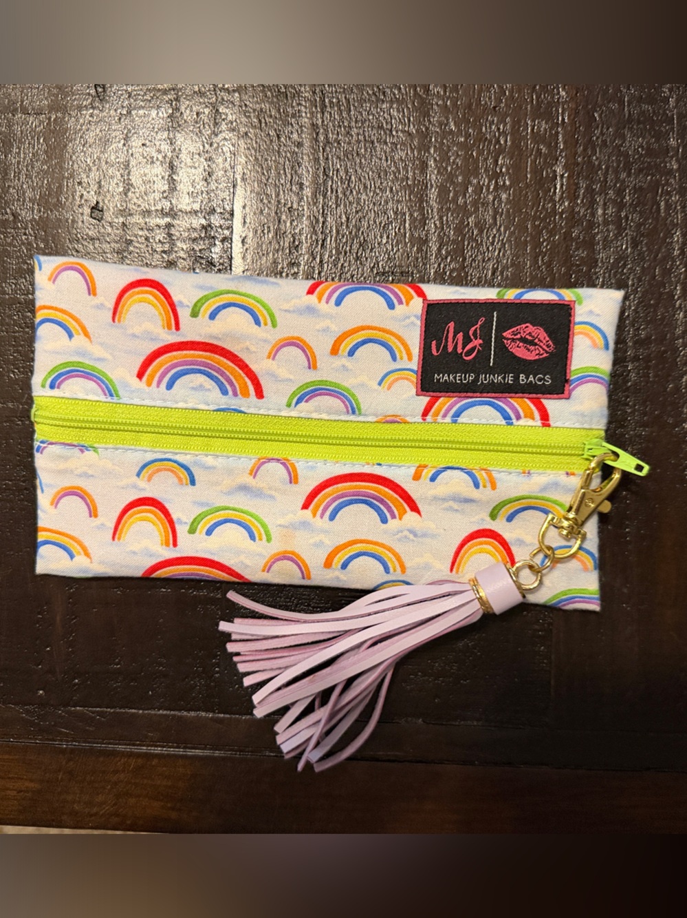 Makeup Junkie - Mini Kids Rainbow Cosmetic Pouch in White with Lime Zipper